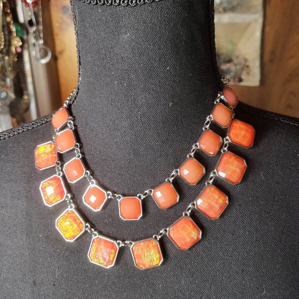 Source Unknown Orange and Silver Statement Necklace